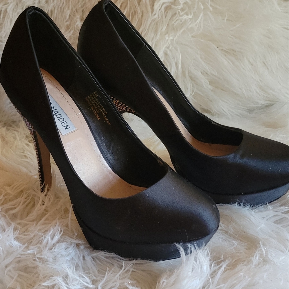 Steve Madden Black Satin Rhinestone Heels